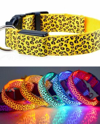 Adjustable LED Light Glow Pet Collar Leopard Nylon Pet Dog Cat Night Safety Luminous Flashing Necklace Glowing Neck Belt For Pet