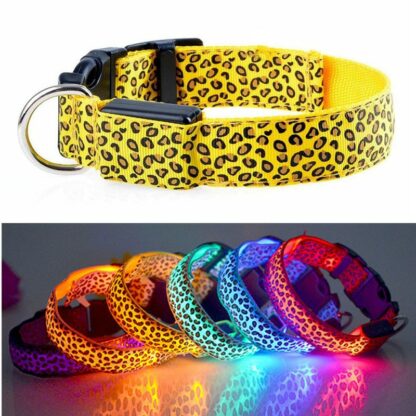 Adjustable LED Light Glow Pet Collar Leopard Nylon Pet Dog Cat Night Safety Luminous Flashing Necklace Glowing Neck Belt For Pet