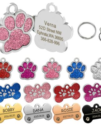 Personalized Dog Tags Engraved Cat Puppy Pet ID Name Collar Tag Pendant Pet Accessories Bone/Paw Glitter