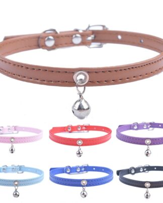 Cute Cat Collar Solid Faux Leather Adjustable Pet Collars With Bell Cats Products For Pets Red Blue Brown Pink Size XS S M